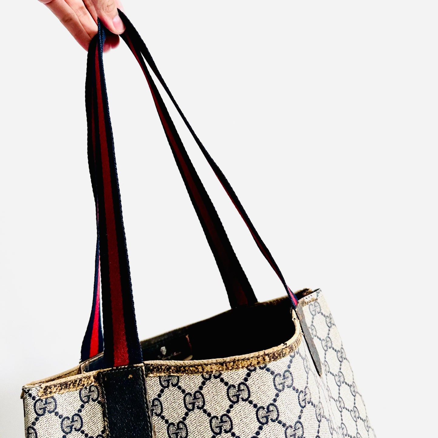 Gucci Navy Blue GG Monogram Logo Web Striped Straps Shopper Shoulder Tote Bag