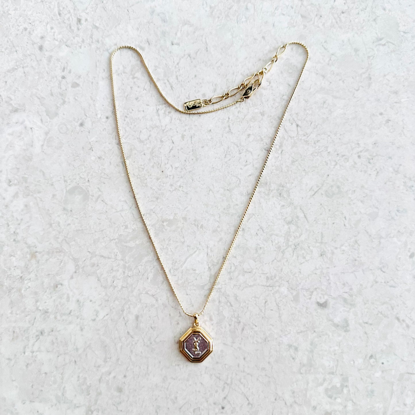 YSL Yves Saint Laurent Grey & Gold Monogram Logo Pendant Chain Necklace