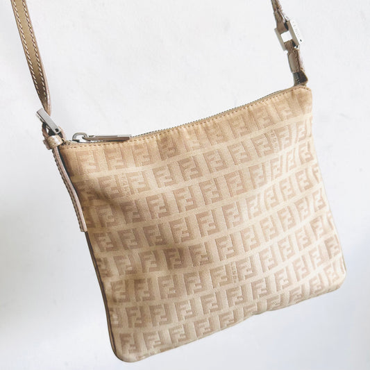 Fendi Beige FF Zucca Monogram Logo Shoulder Sling Bag