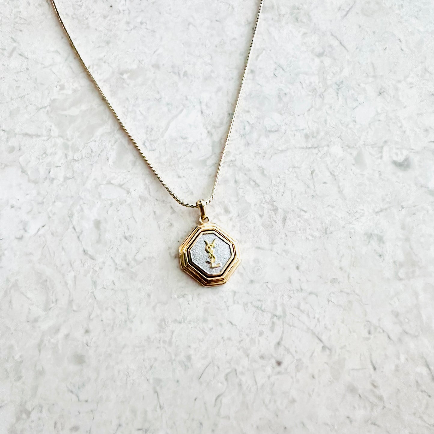 YSL Yves Saint Laurent Grey & Gold Monogram Logo Pendant Chain Necklace