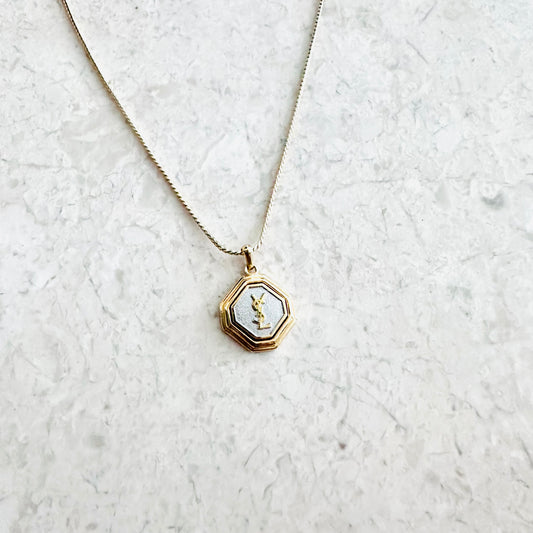 YSL Yves Saint Laurent Grey & Gold Monogram Logo Pendant Chain Necklace