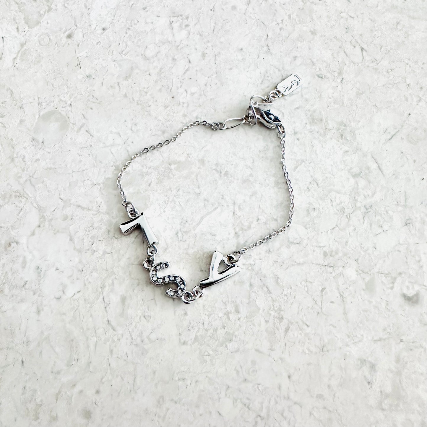 YSL Yves Saint Laurent Silver & Crystals Monogram Logo Chain Bracelet