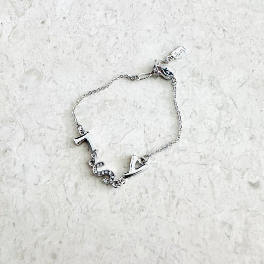 YSL Yves Saint Laurent Silver & Crystals Monogram Logo Chain Bracelet