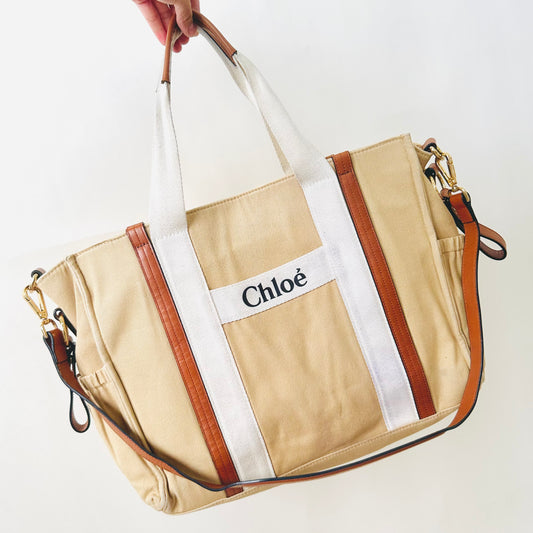 Chloe Beige / Tan Monogram Logo Woody Canvas GHW 2-Way Top Handle Shoulder Sling Tote Bag