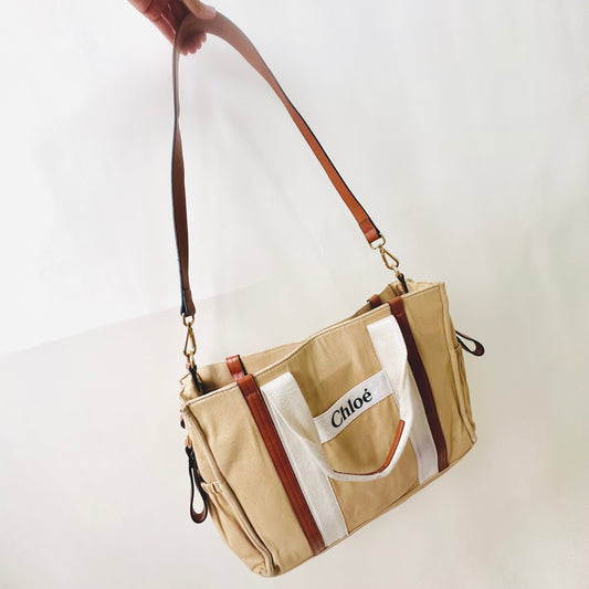 Chloe Beige / Tan Monogram Logo Woody Canvas GHW 2-Way Top Handle Shoulder Sling Tote Bag