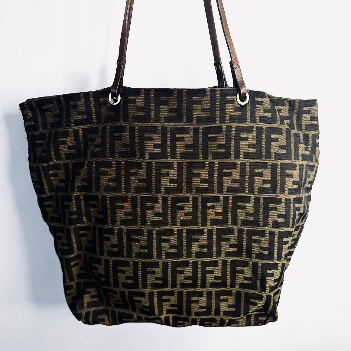 Fendi Dark Brown Zucca FF Monogram Logo Packable Shoulder Shopper Tote Bag