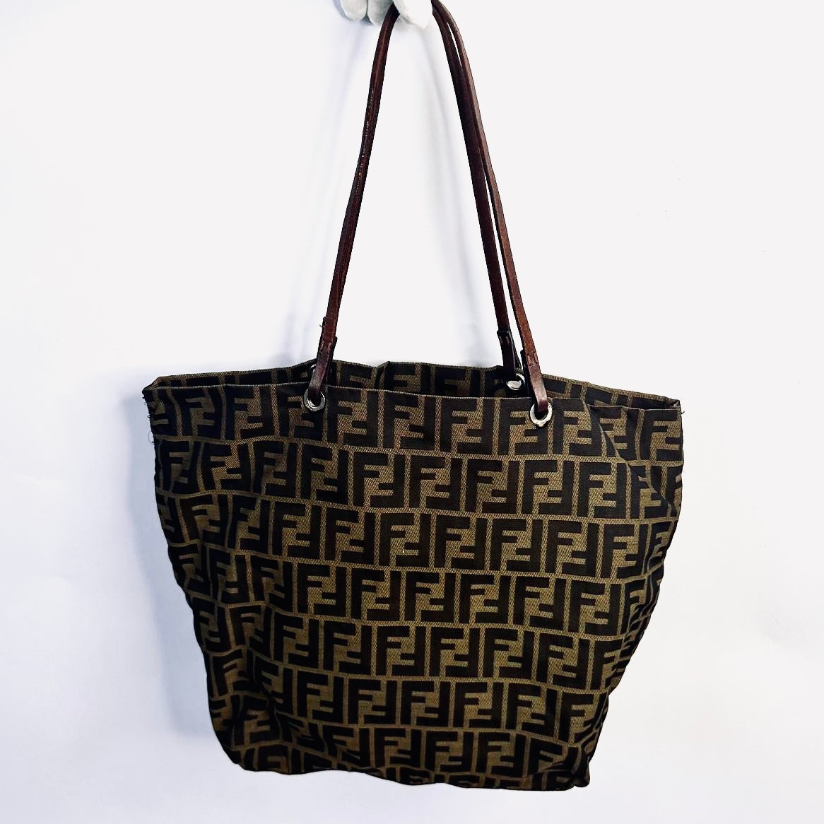 Fendi Dark Brown Zucca FF Monogram Logo Packable Shoulder Shopper Tote Bag