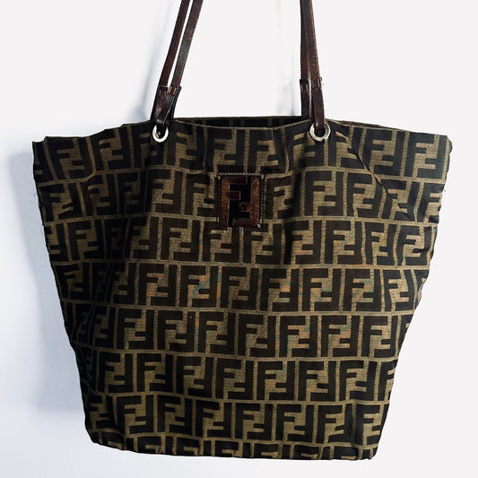 Fendi Dark Brown Zucca FF Monogram Logo Packable Shoulder Shopper Tote Bag