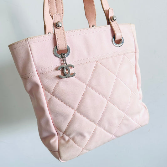 Chanel Sakura Pink Paris Biarritz PM CC Monogram Logo Quilted Jersey & Leather Shopper Shoulder Tote Bag 12s