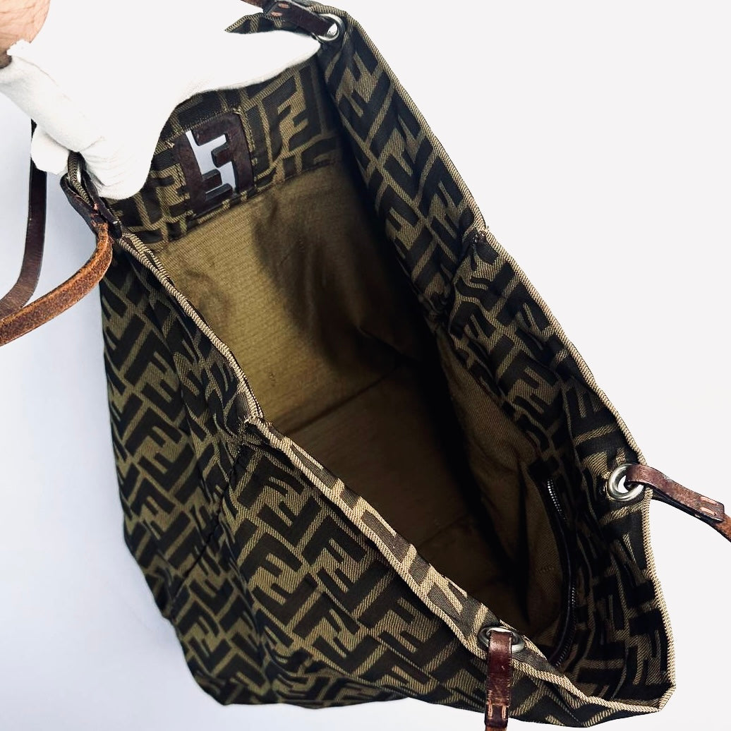 Fendi Dark Brown Zucca FF Monogram Logo Packable Shoulder Shopper Tote Bag