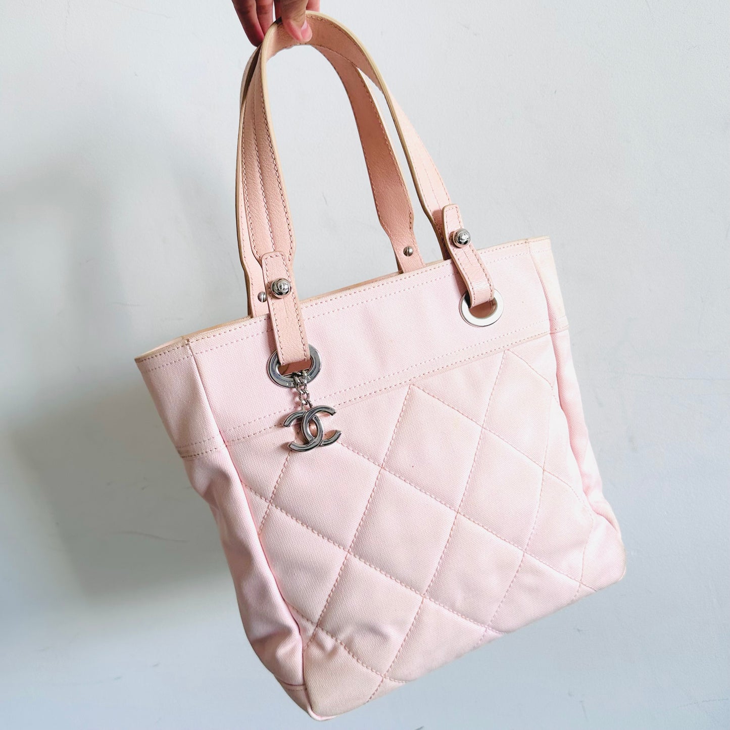 Chanel Sakura Pink Paris Biarritz PM CC Monogram Logo Quilted Jersey & Leather Shopper Shoulder Tote Bag 12s