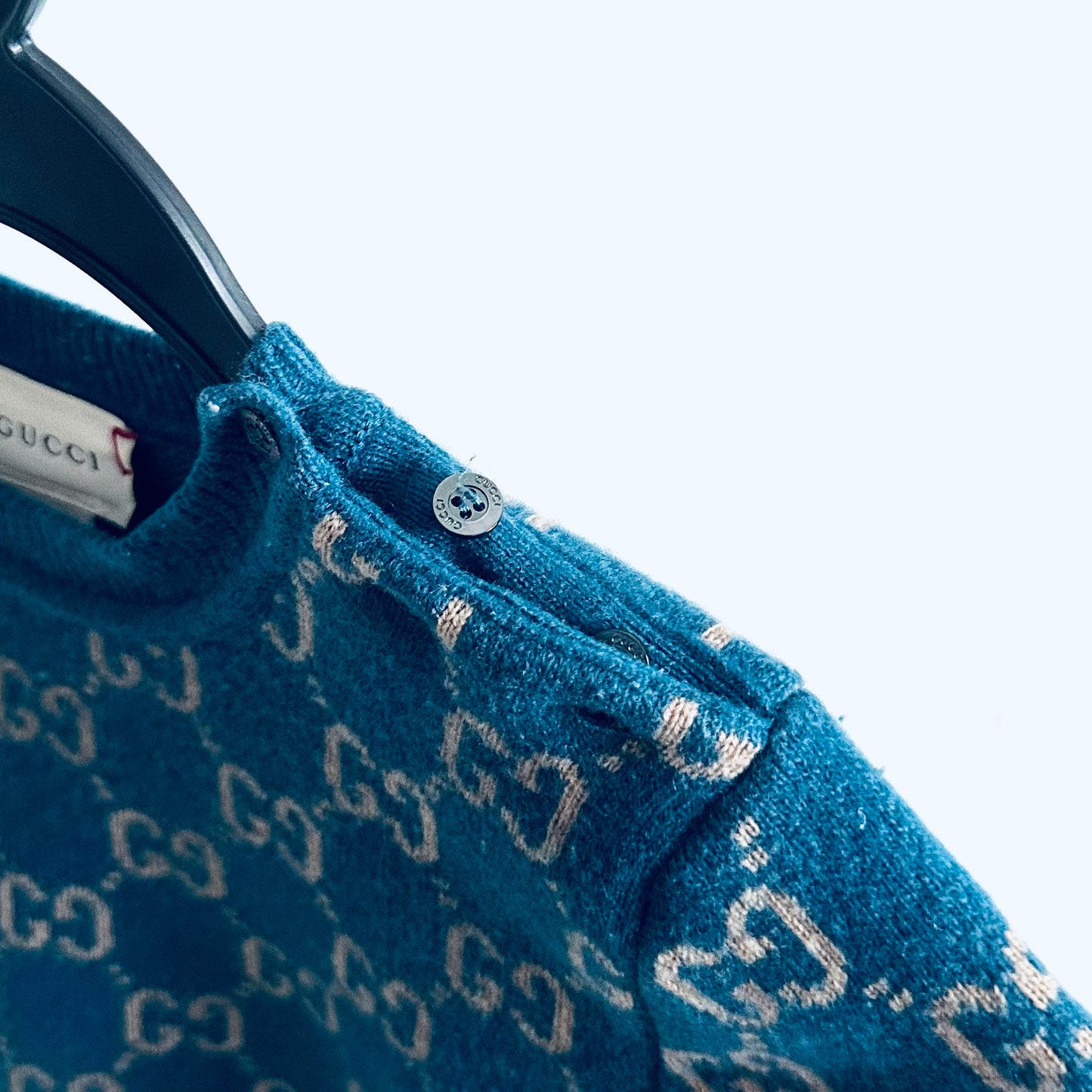 Gucci Blue Giant GG Monogram Logo All Over Knit Wool Sweater Top