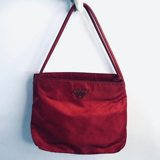 Prada Deep Red Tessuto City Classic Logo Nylon Shopper Shoulder Tote Bag