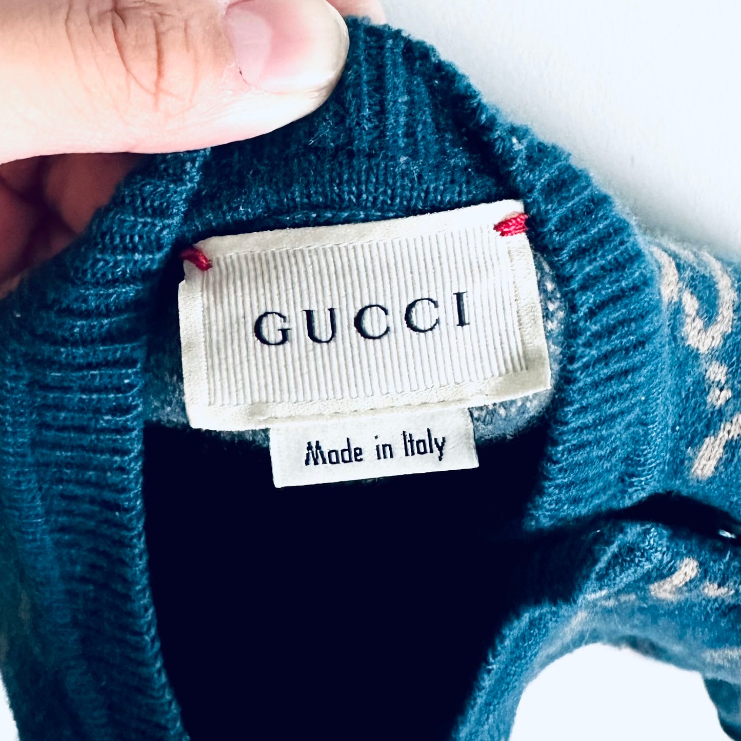 Gucci Blue Giant GG Monogram Logo All Over Knit Wool Sweater Top