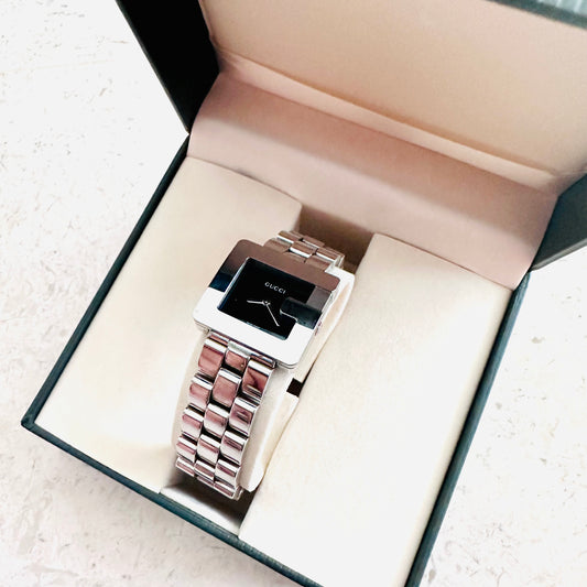 Gucci Black G Dial Monogram Logo Stainless Steel 27MM Watch