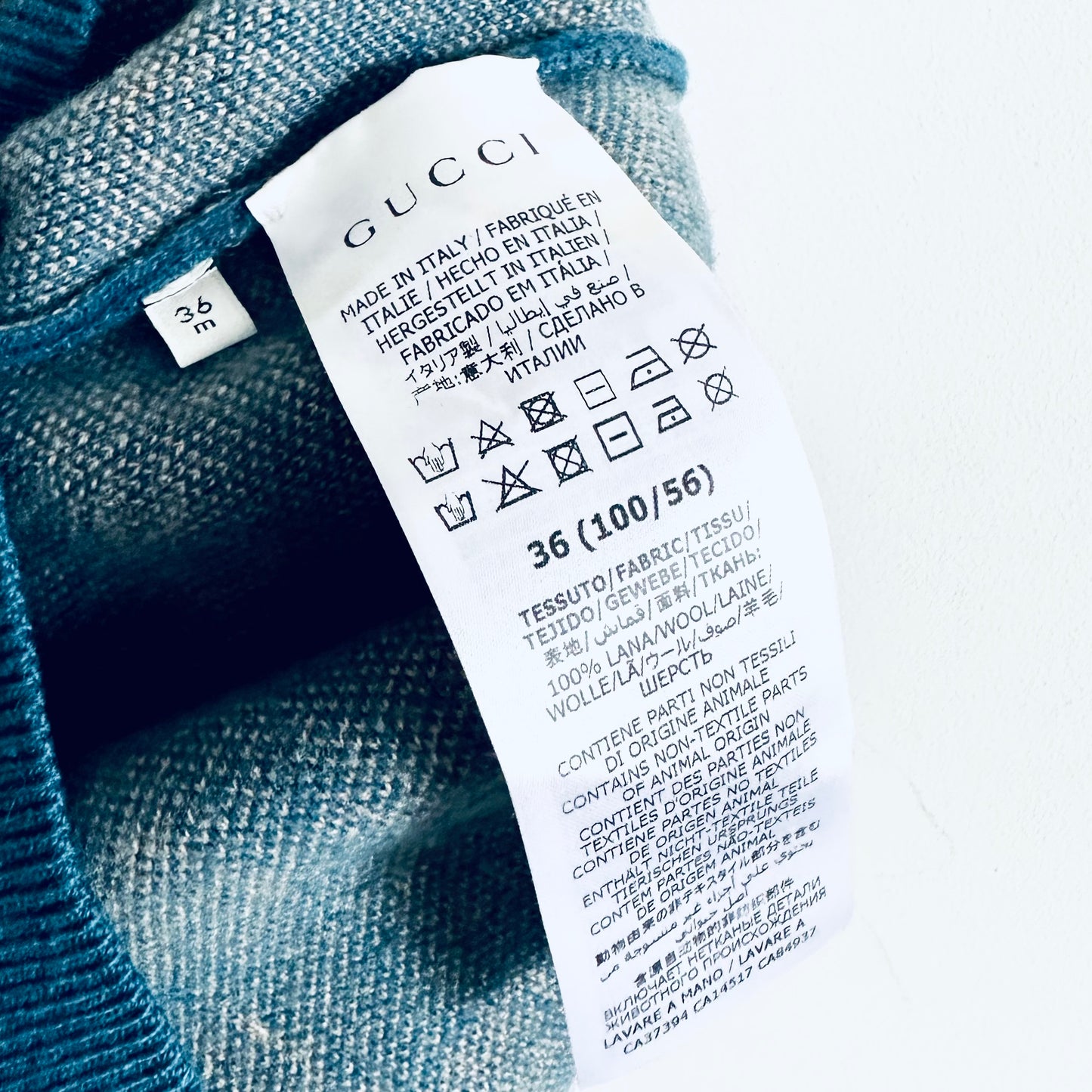 Gucci Blue Giant GG Monogram Logo All Over Knit Wool Sweater Top