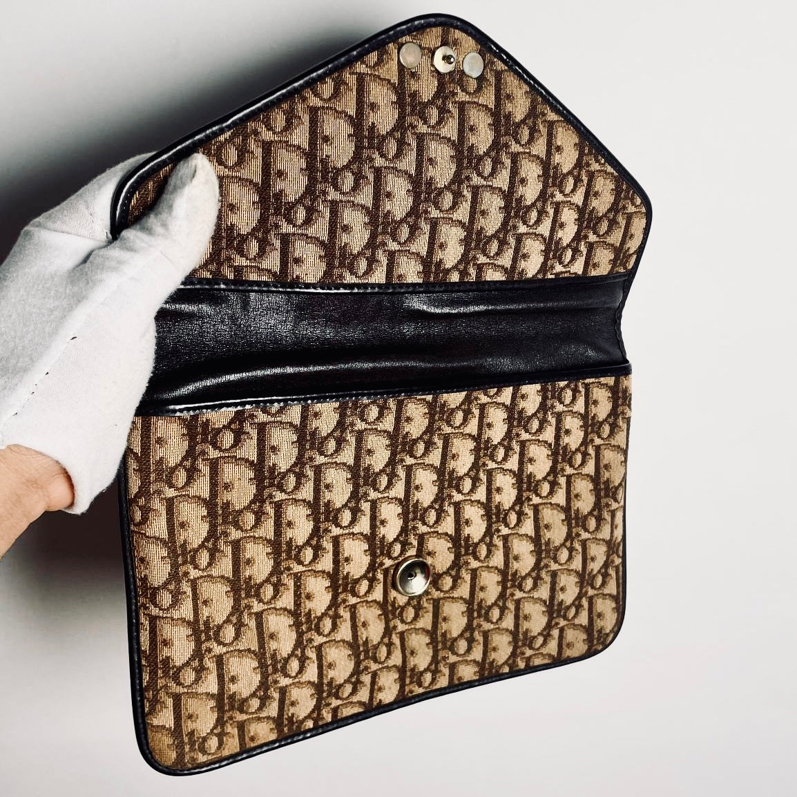 Christian Dior Brown Oblique Monogram Logo Flap Flat Clutch Pouch Case