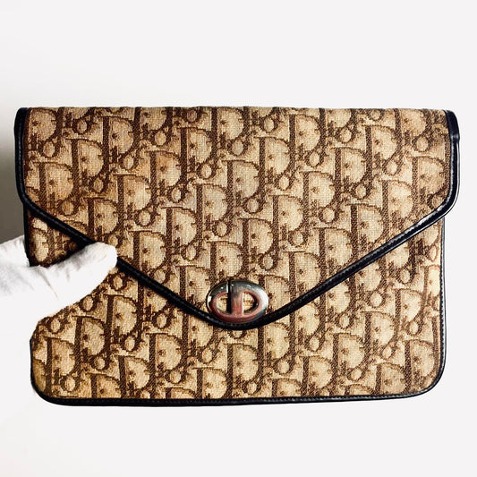 Christian Dior Brown Oblique Monogram Logo Flap Flat Clutch Pouch Case