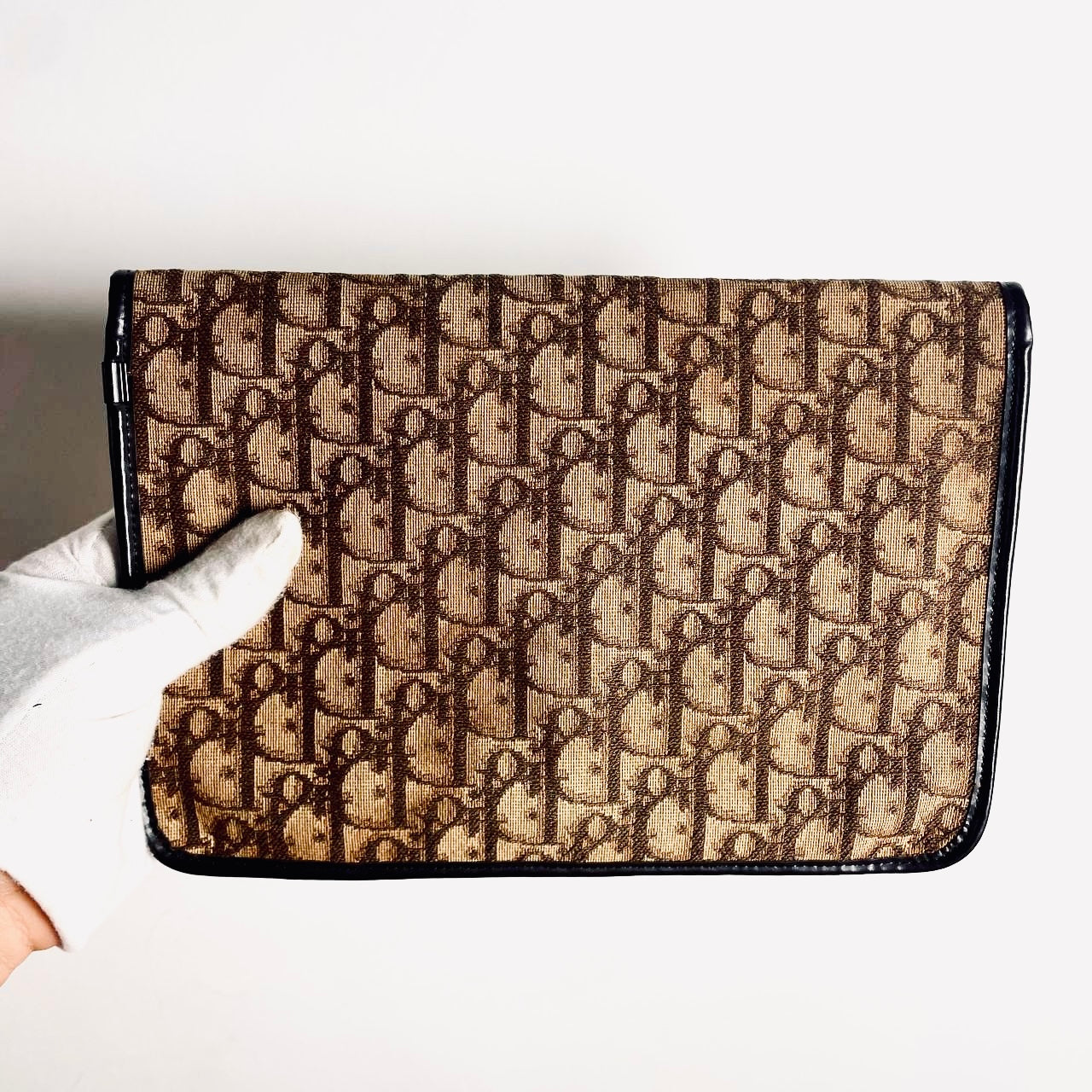 Christian Dior Brown Oblique Monogram Logo Flap Flat Clutch Pouch Case