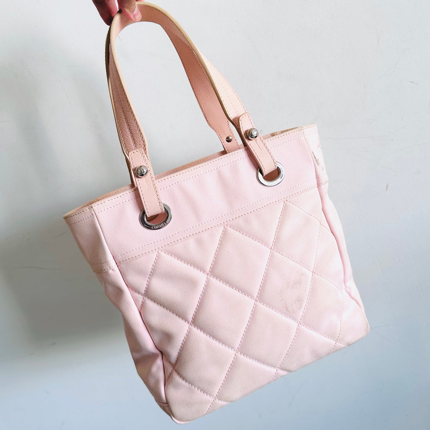 Chanel Sakura Pink Paris Biarritz PM CC Monogram Logo Quilted Jersey & Leather Shopper Shoulder Tote Bag 12s