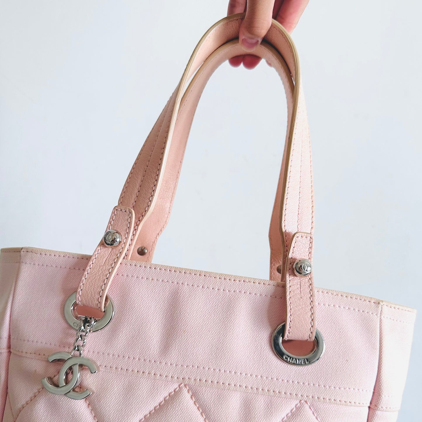 Chanel Sakura Pink Paris Biarritz PM CC Monogram Logo Quilted Jersey & Leather Shopper Shoulder Tote Bag 12s