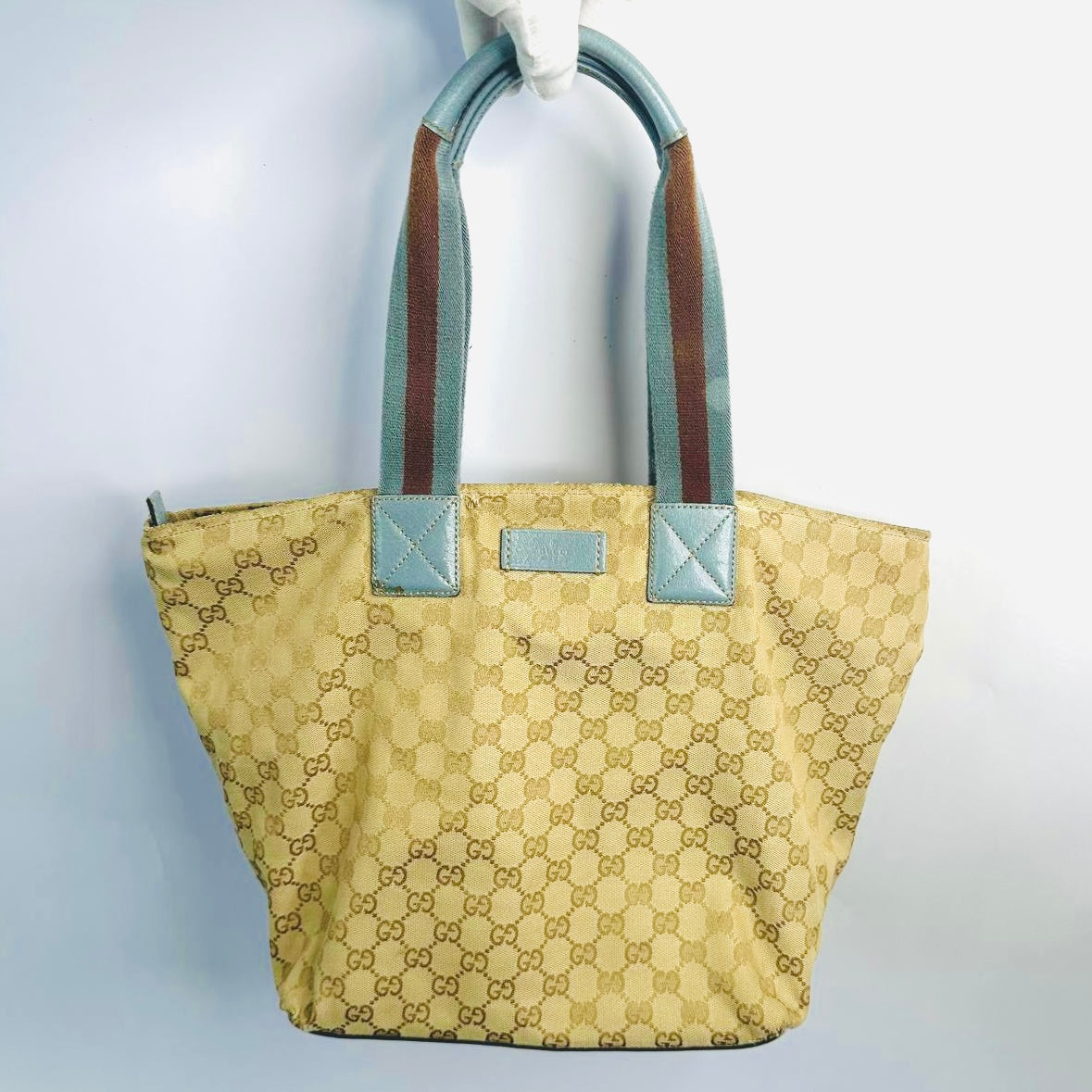 Gucci Sherry Beige / Blue GG Monogram Logo Bucket Shoulder Shopper Tote Bag
