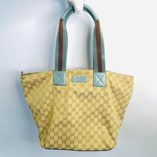 Gucci Sherry Beige / Blue GG Monogram Logo Bucket Shoulder Shopper Tote Bag