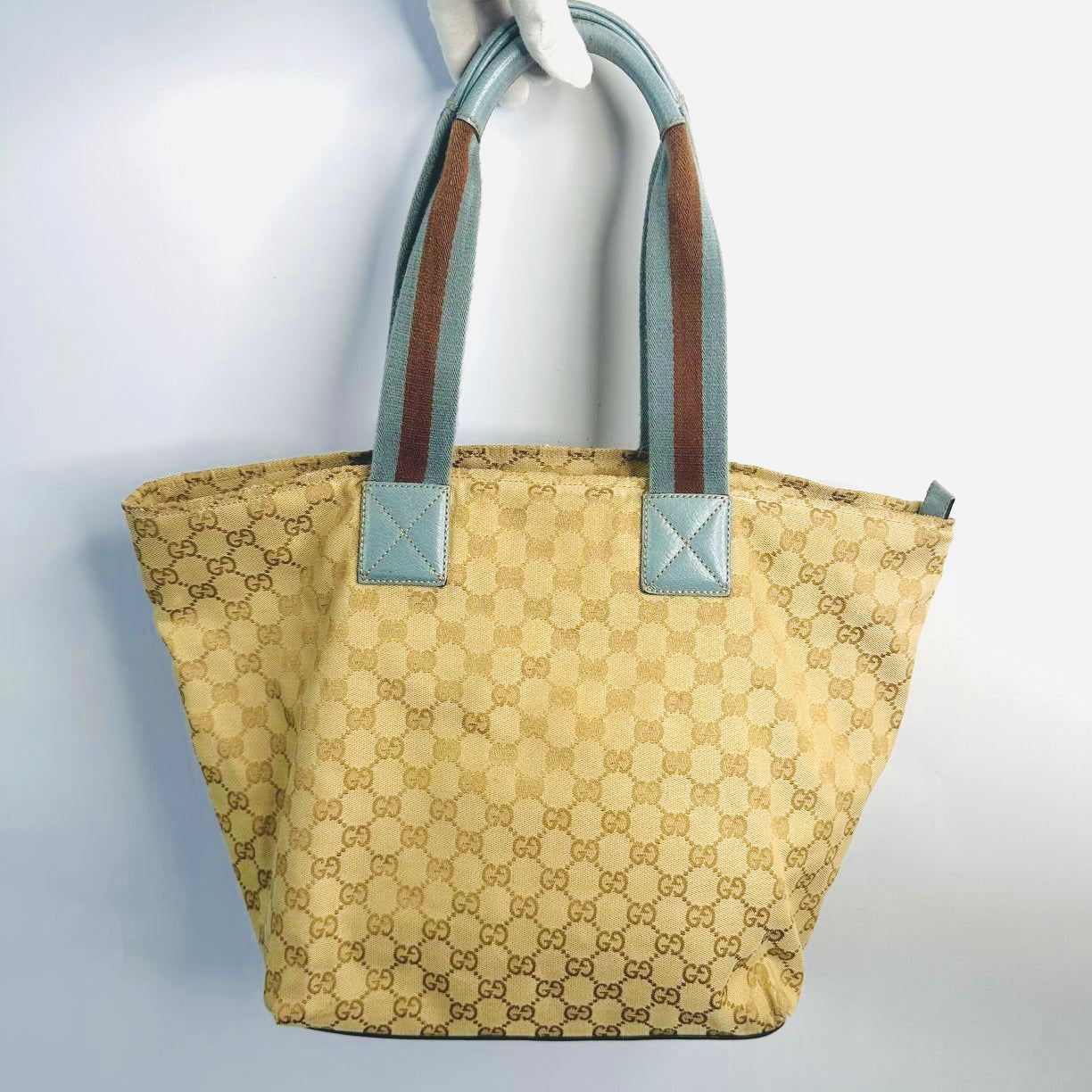Gucci Sherry Beige / Blue GG Monogram Logo Bucket Shoulder Shopper Tote Bag