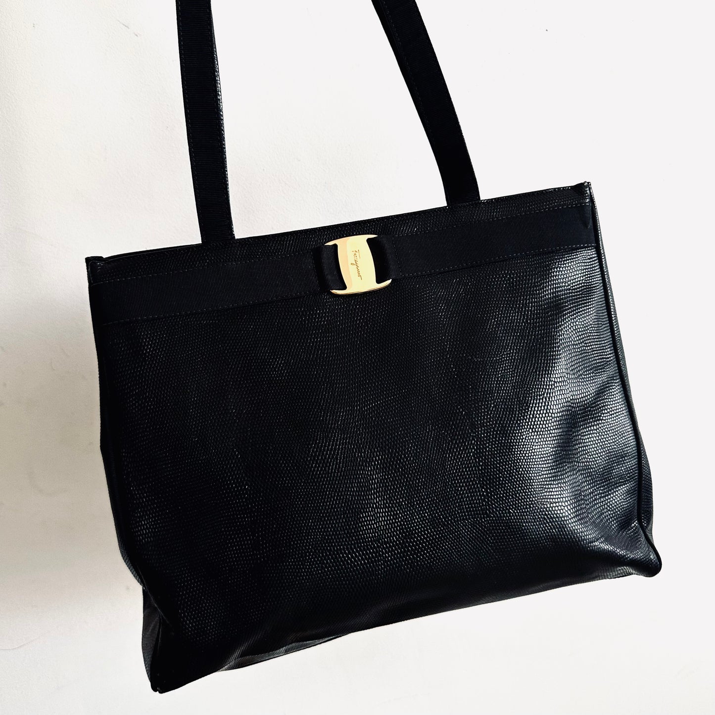 Salvatore Ferragamo Black GHW Vara Bow Embossed Leather Shopper Shoulder Tote Bag