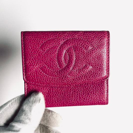 Chanel Fuchsia Pink CC Logo Caviar Leather Flap Compact Cardholder Wallet 3s