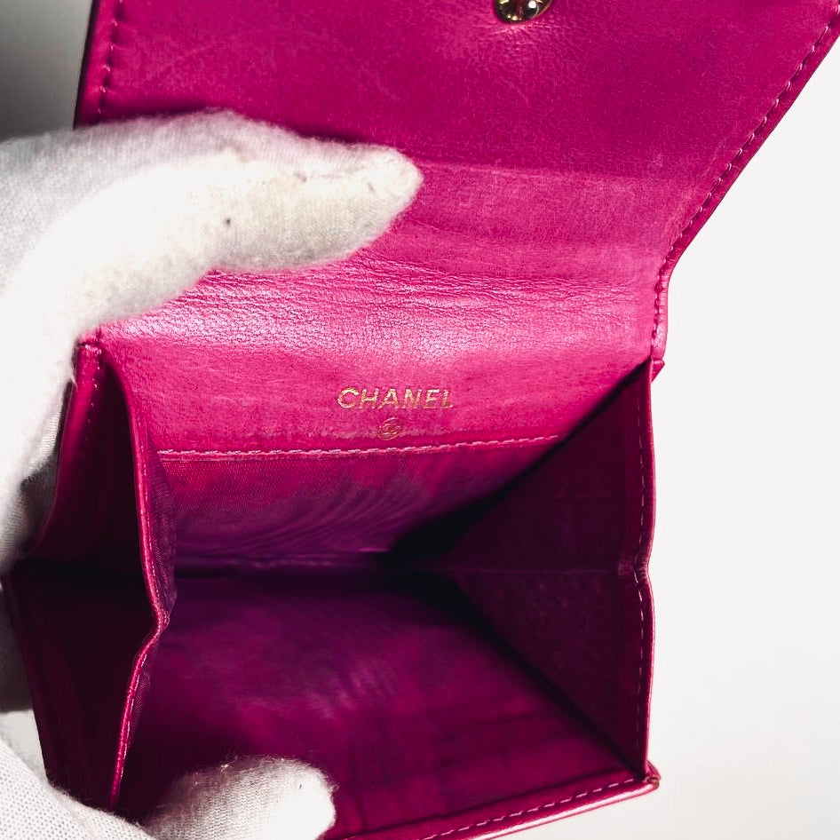 Chanel Fuchsia Pink CC Logo Caviar Leather Flap Compact Cardholder Wallet 3s