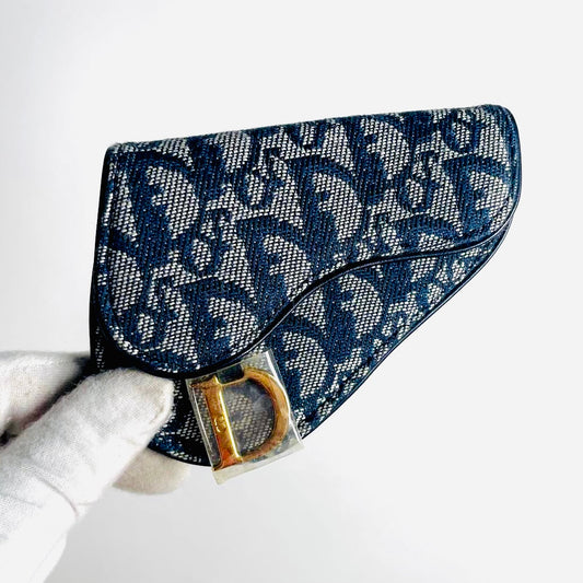 Christian Dior CD Navy Blue GHW Saddle Oblique Monogram Logo Flap Compact Wallet Cardholder Card Case Holder