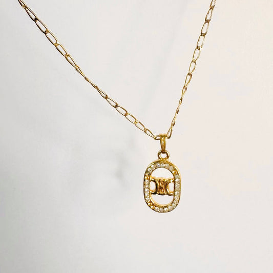 Celine Triomphe Gold Monogram Logo Rhinestone Crystals Vintage Classic Pendant Necklace