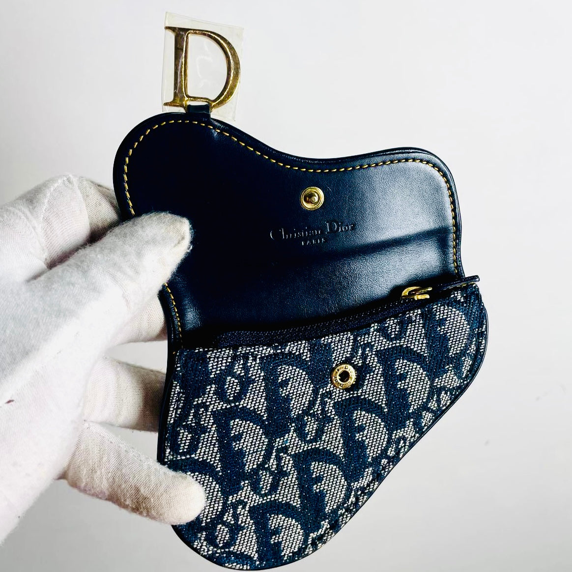 Christian Dior CD Navy Blue GHW Saddle Oblique Monogram Logo Flap Compact Wallet Cardholder Card Case Holder
