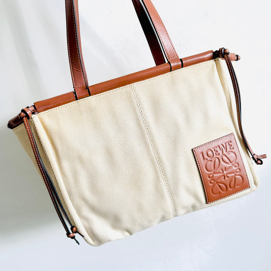 Loewe Tan / White Cushion Giant Monogram Logo Toile Canvas / Leather Shopper Shoulder Tote Bag