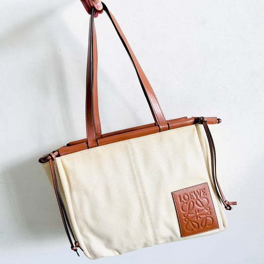 Loewe Tan / White Cushion Giant Monogram Logo Toile Canvas / Leather Shopper Shoulder Tote Bag