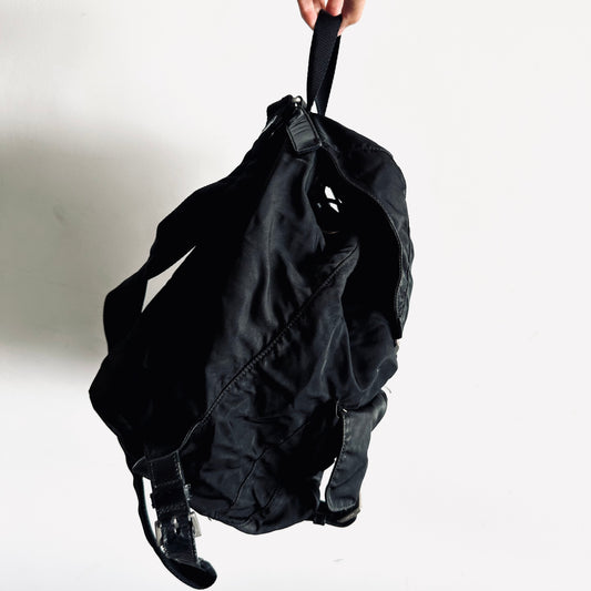 Prada Black Tessuto Classic Logo Nylon & Leather Backpack Flap Drawstring Bag