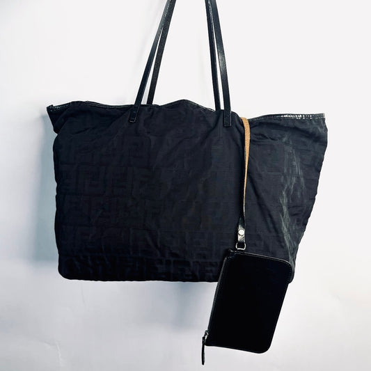 Fendi Black Zucca Zucchino FF Monogram Logo Shoulder Shopper Tote Bag With Pouch