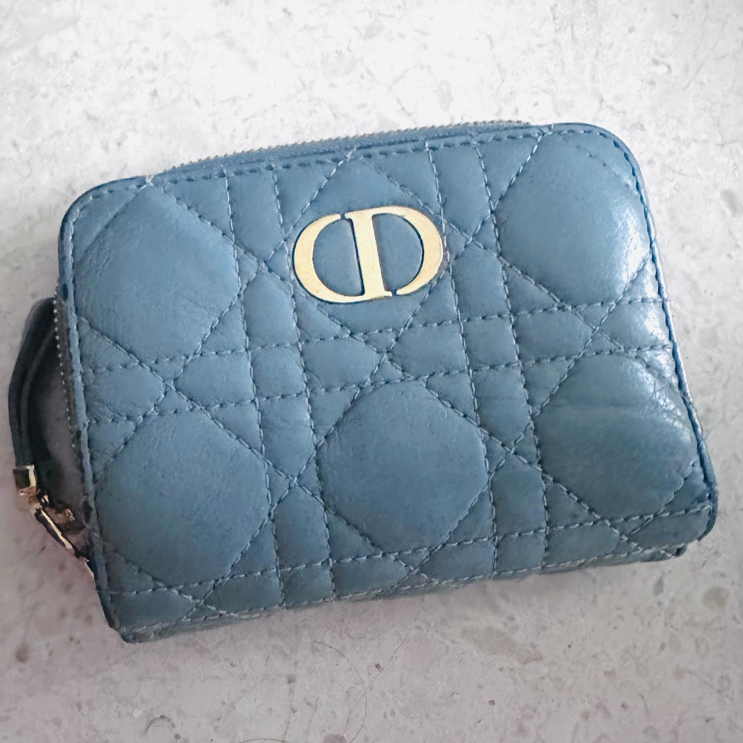 Christian Dior CD Caro Scarlet 30 Montaigne Cloud Blue GHW Quilted Cannage Supple Calfskin Monogram Logo Flap Compact Bifold Zippy Wallet