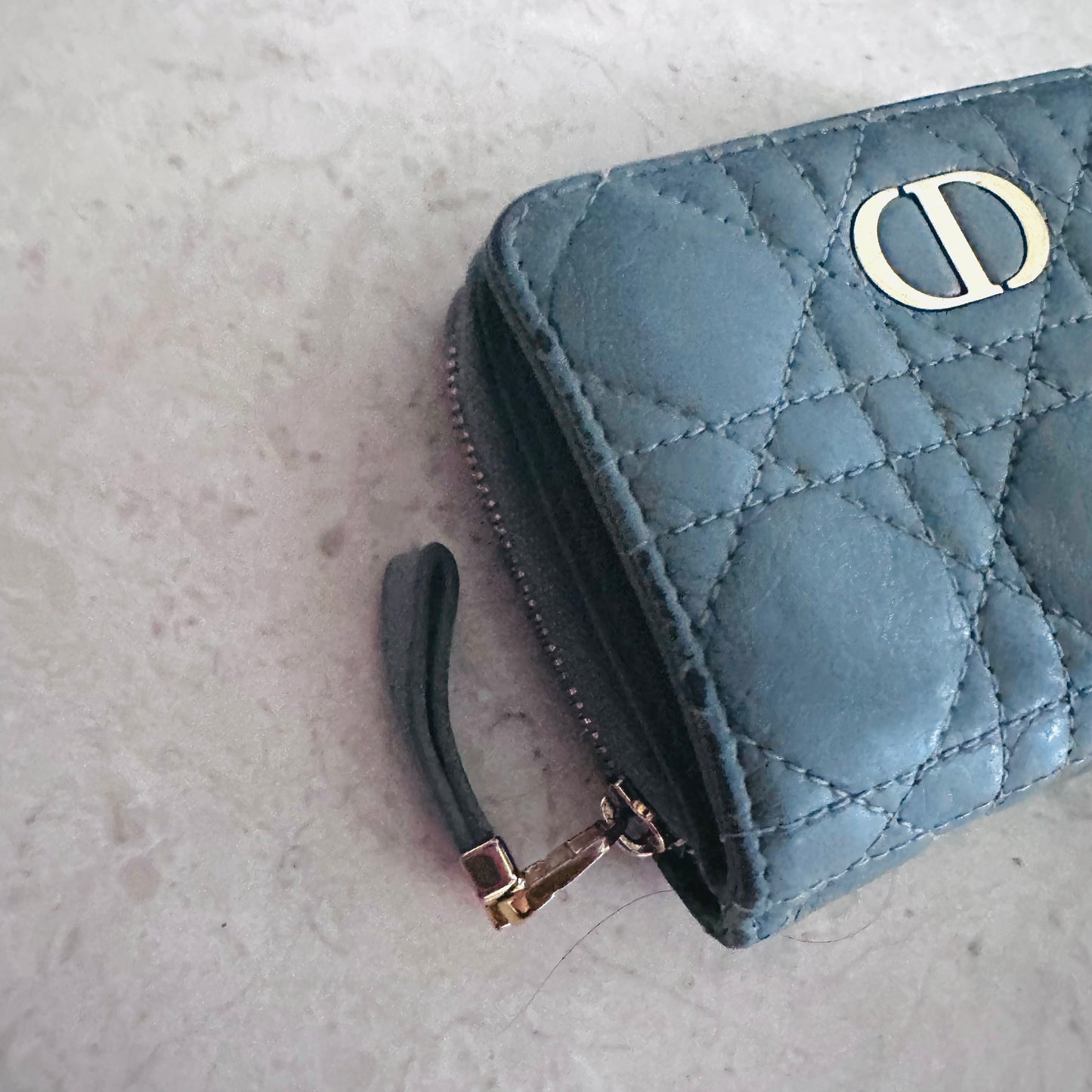 Christian Dior CD Caro Scarlet 30 Montaigne Cloud Blue GHW Quilted Cannage Supple Calfskin Monogram Logo Flap Compact Bifold Zippy Wallet