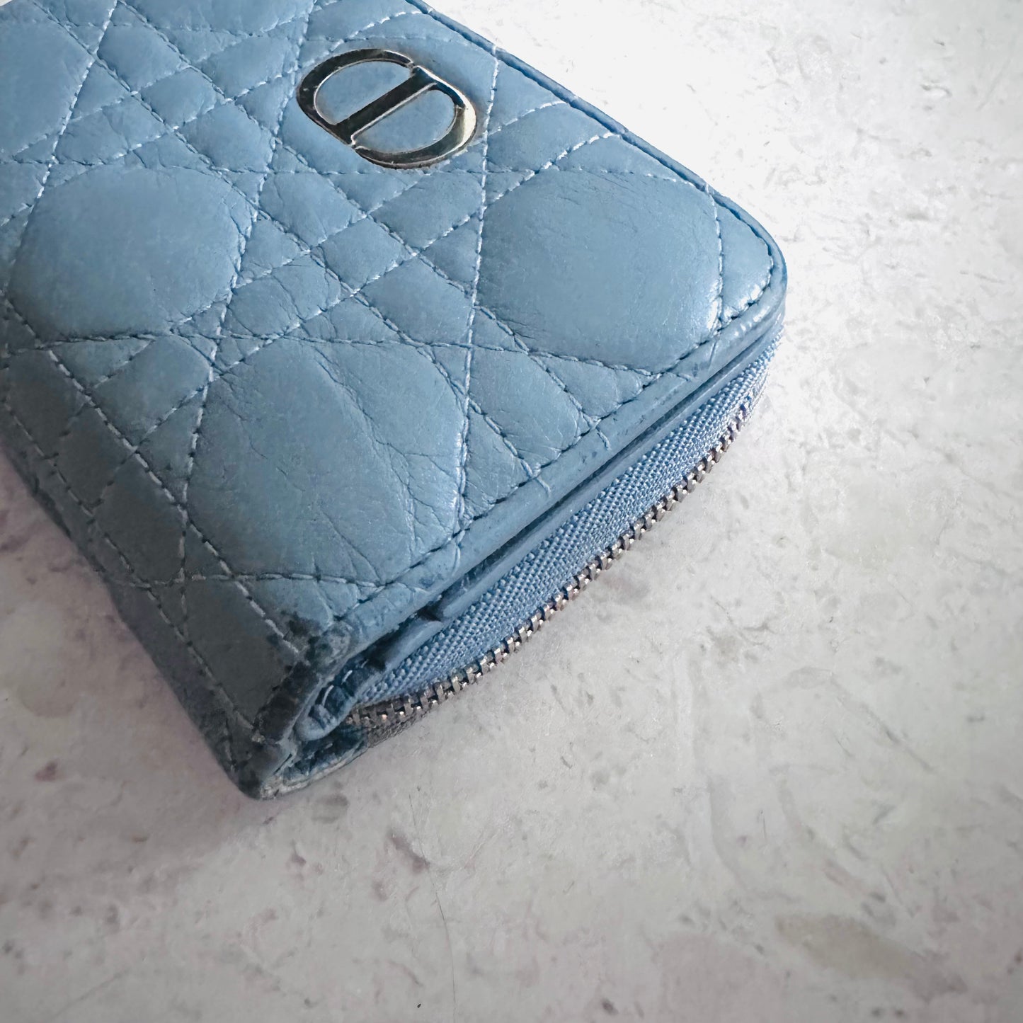 Christian Dior CD Caro Scarlet 30 Montaigne Cloud Blue GHW Quilted Cannage Supple Calfskin Monogram Logo Flap Compact Bifold Zippy Wallet