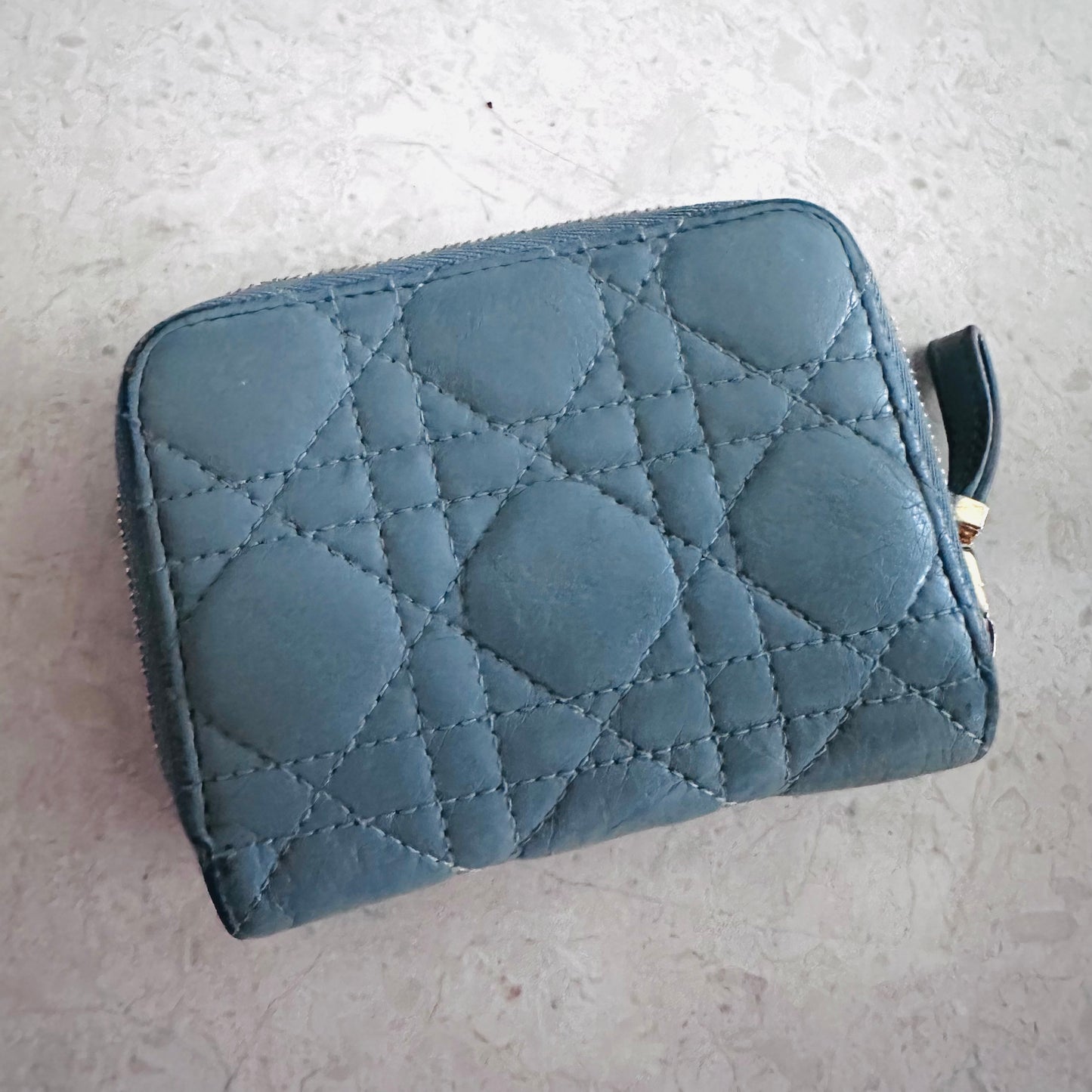 Christian Dior CD Caro Scarlet 30 Montaigne Cloud Blue GHW Quilted Cannage Supple Calfskin Monogram Logo Flap Compact Bifold Zippy Wallet