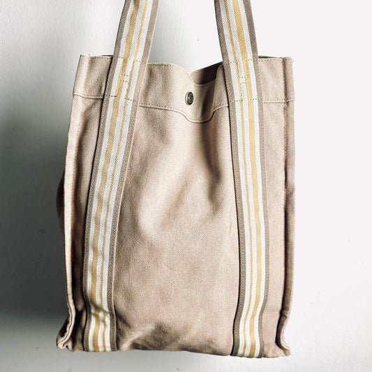 Hermes Herline Aline Taupe Brown Beige Fourre Toile MM Vertical Tall Structured Shopper Tote Bag