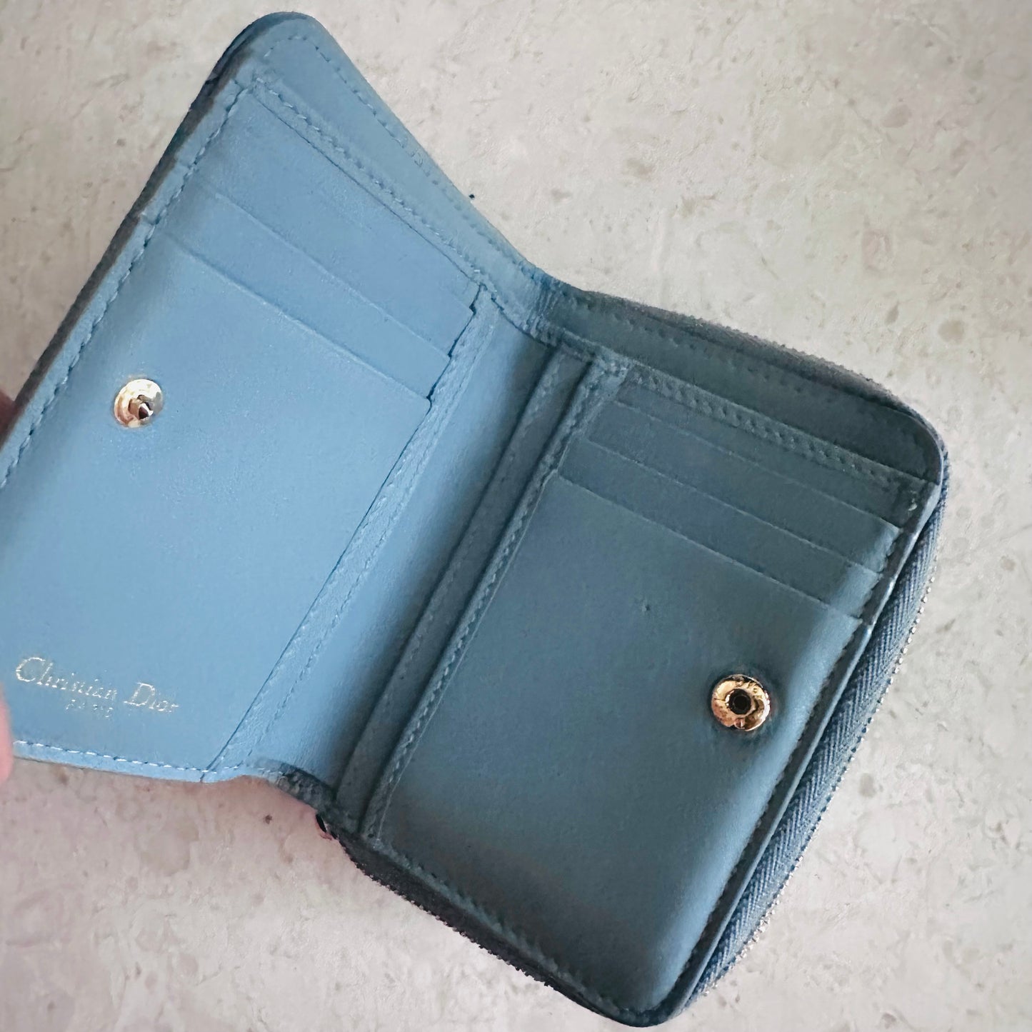 Christian Dior CD Caro Scarlet 30 Montaigne Cloud Blue GHW Quilted Cannage Supple Calfskin Monogram Logo Flap Compact Bifold Zippy Wallet
