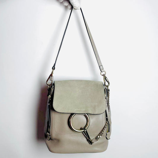 Chloe Faye Grey / Gray GHW Small 2-Way Suede & Leather Monogram Logo Shoulder Top Handle Bag