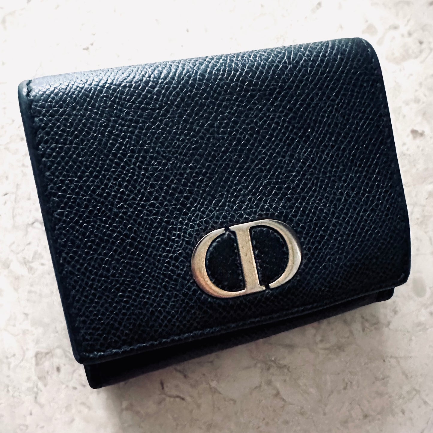 Christian Dior CD 30 Montaigne Lotus Black GHW Grained Calfskin Monogram Logo Flap Compact Trifold Wallet