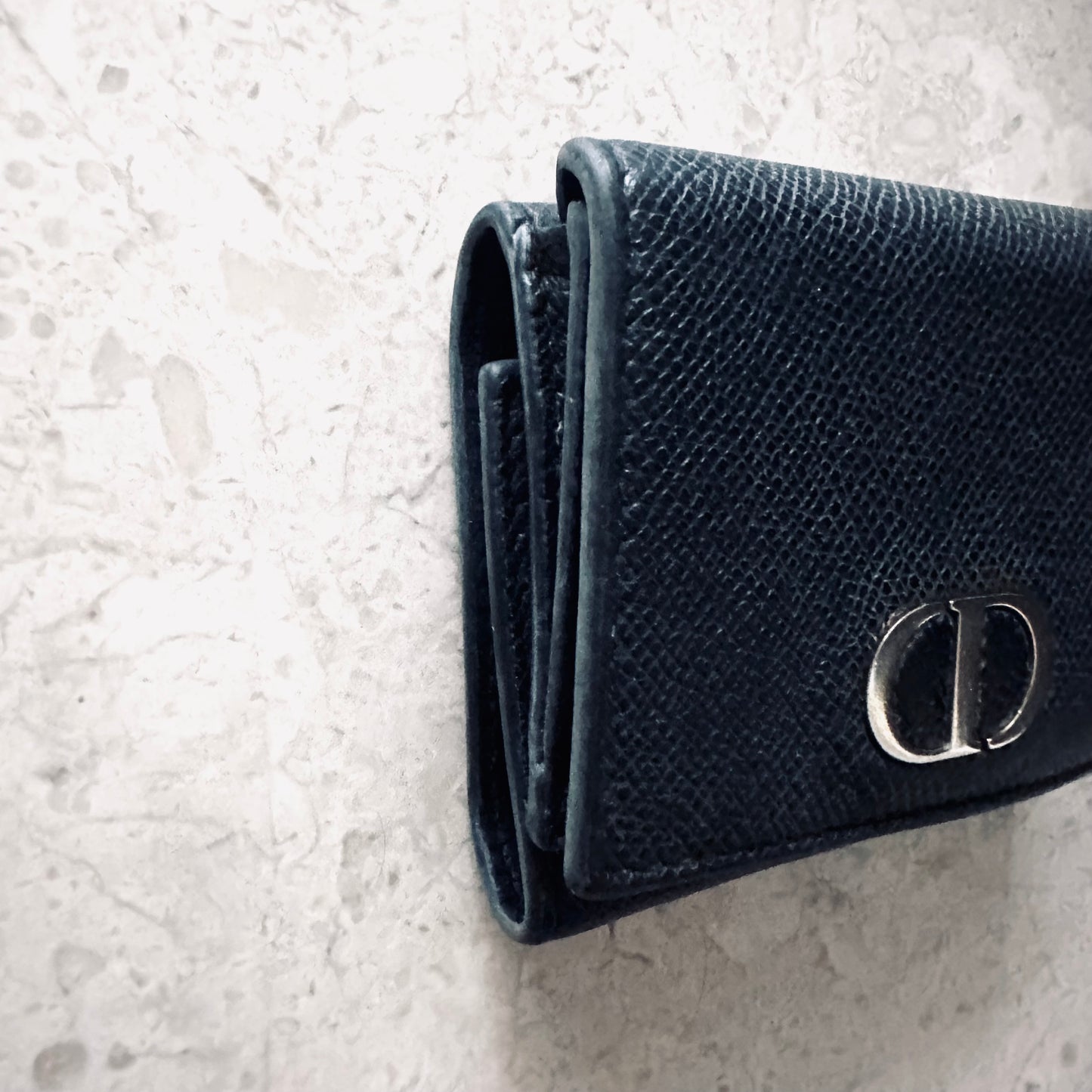 Christian Dior CD 30 Montaigne Lotus Black GHW Grained Calfskin Monogram Logo Flap Compact Trifold Wallet