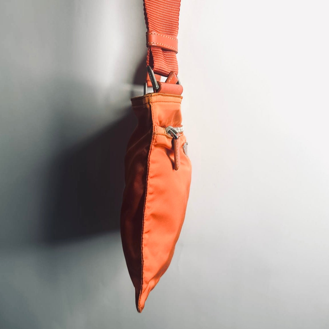 Prada Orange Tessuto Nylon Classic Monogram Logo Small Zipper Shoulder Sling Bag