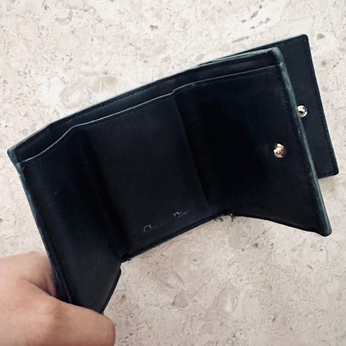 Christian Dior CD 30 Montaigne Lotus Black GHW Grained Calfskin Monogram Logo Flap Compact Trifold Wallet