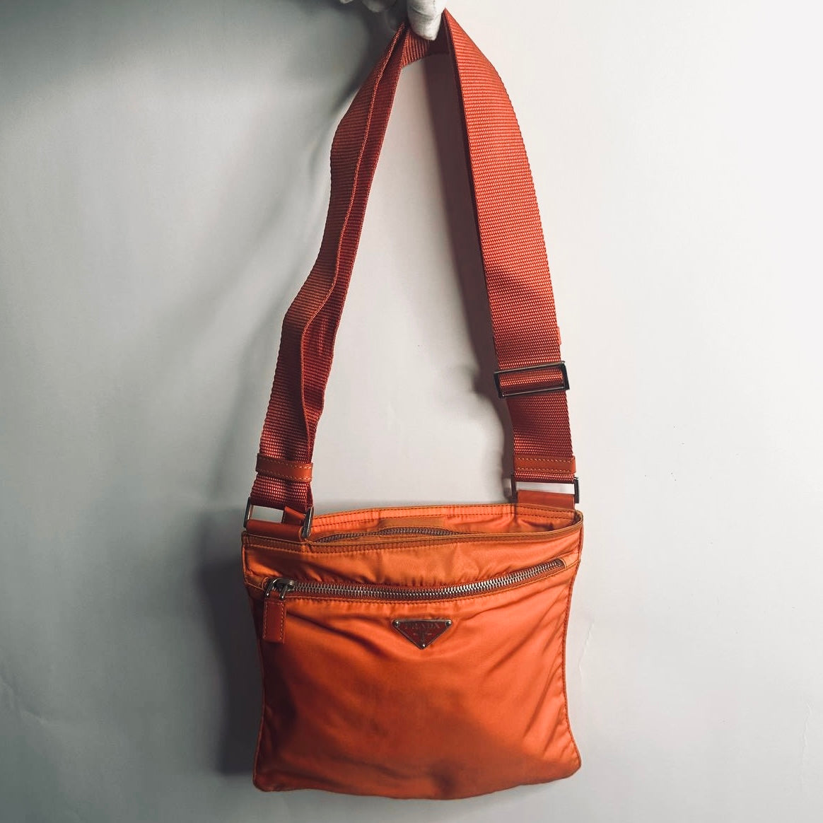 Prada Orange Tessuto Nylon Classic Monogram Logo Small Zipper Shoulder Sling Bag